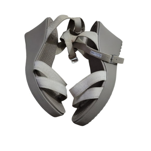 CROCS Shoes - Crocs Leigh Ankle Strap Wedge Sandal Womens Oatmeal/Mushroom